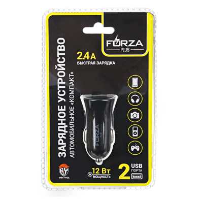 Зарядное устройство автомобильное пластик USB Комфорт 2USB 2,4А 12/21В FORZA